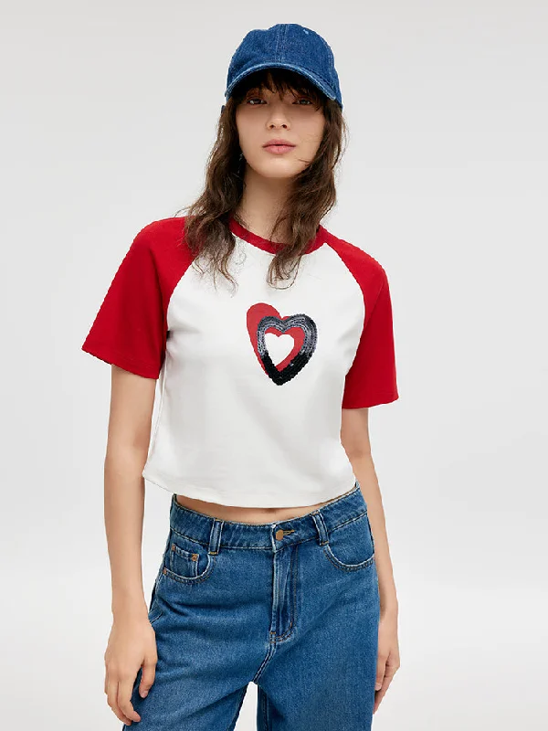 Raglan Sleeves Heart Print Sequins Women Crop T-Shirt