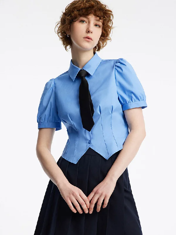 Blue Puff Sleeve Crop Shirt With Tie