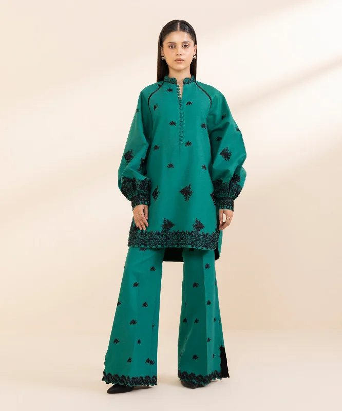 2 Piece - Embroidered Cotton Satin Suit