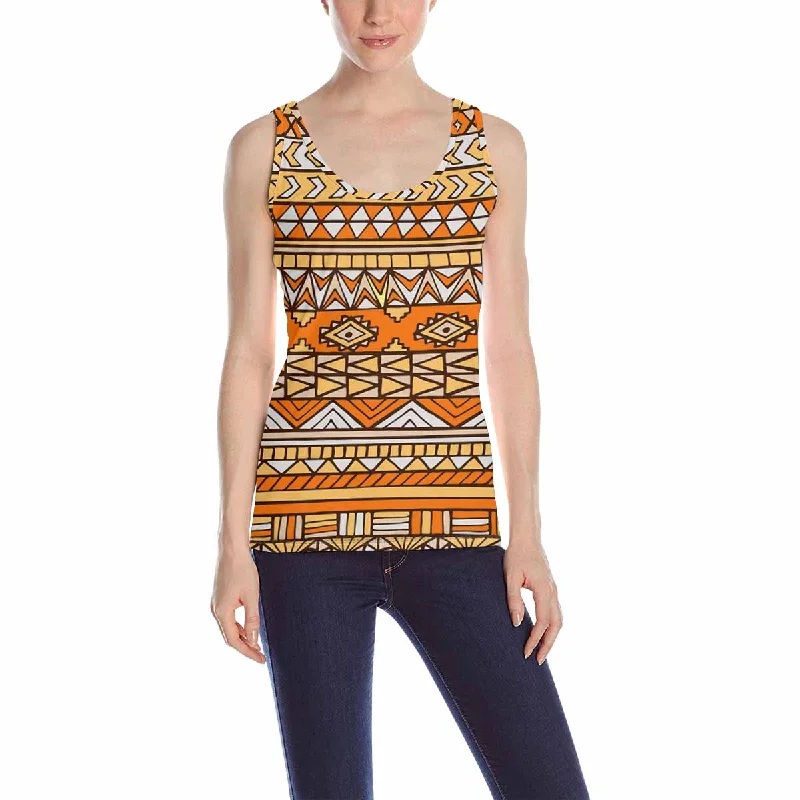 Women's Tank Top print with orange abstract aztec maya geometric pattern