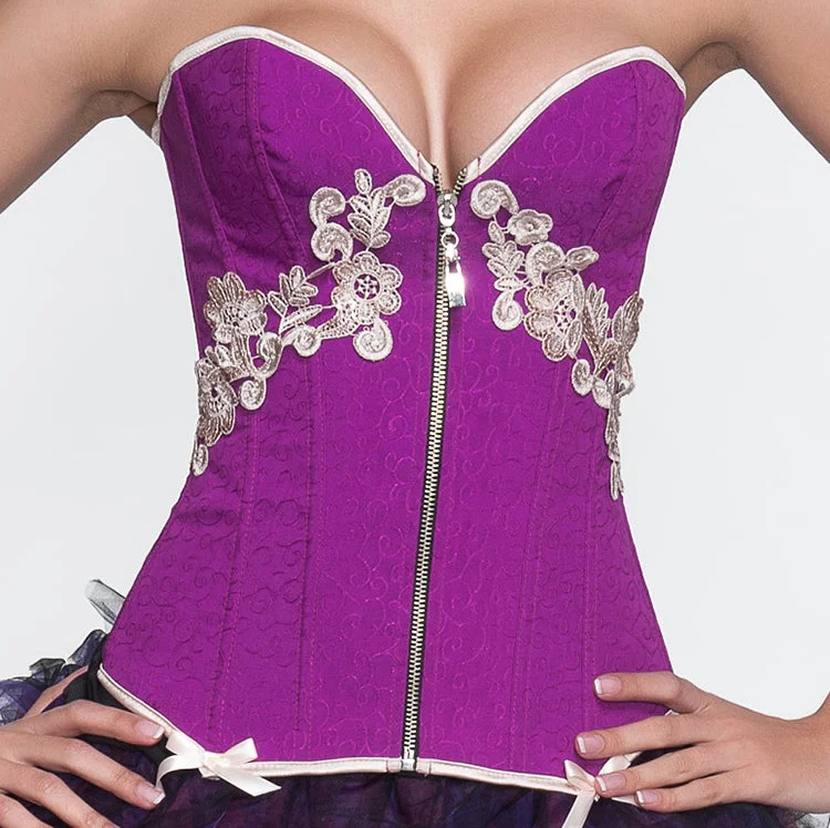 Classical Purple Embroidery Flower Zipper Overbust Corset