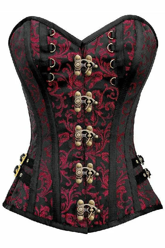 Top Drawer Black/Red Swirl Brocade Steel Boned Overbust Corset w/Buckles