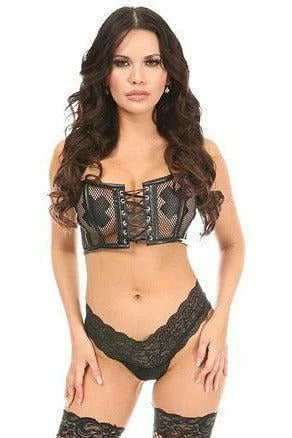 Lavish Black Fishnet & Faux Leather Lace-Up Short Bustier Top