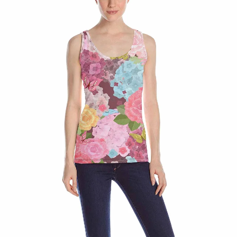 Women's Tank Top print with summer flowers and butterflies pattern