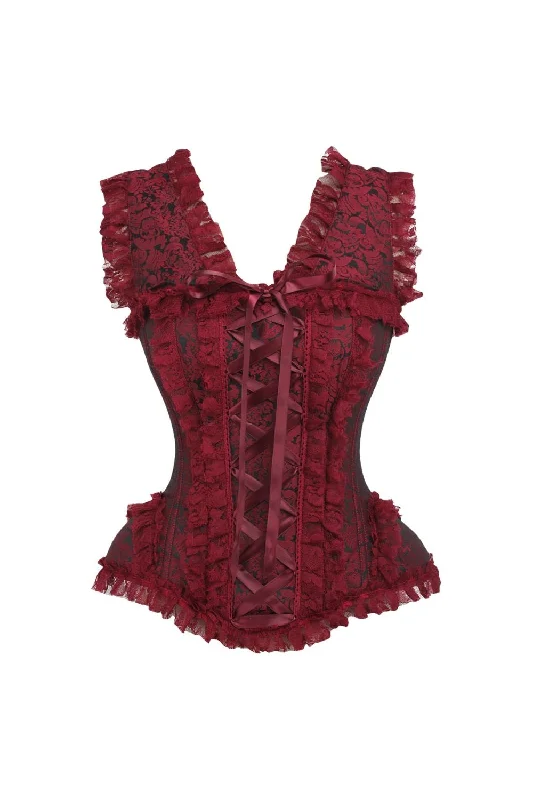 Daisy TD-123 Red/Black Brocade & Lace Steel Boned Corset w/Cap Sleeves