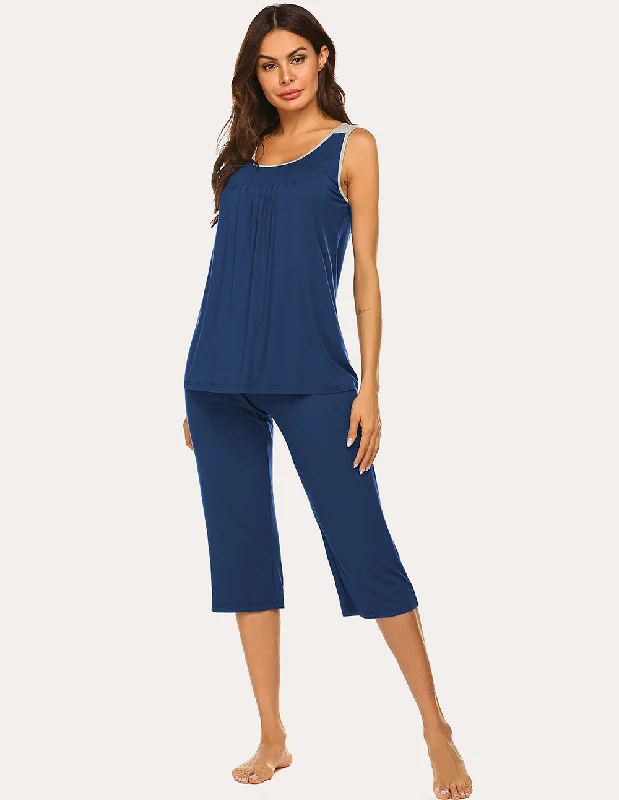 Ekouaer Moisture Wicking Pleated Tank Capri Pajamas Set (US Only)