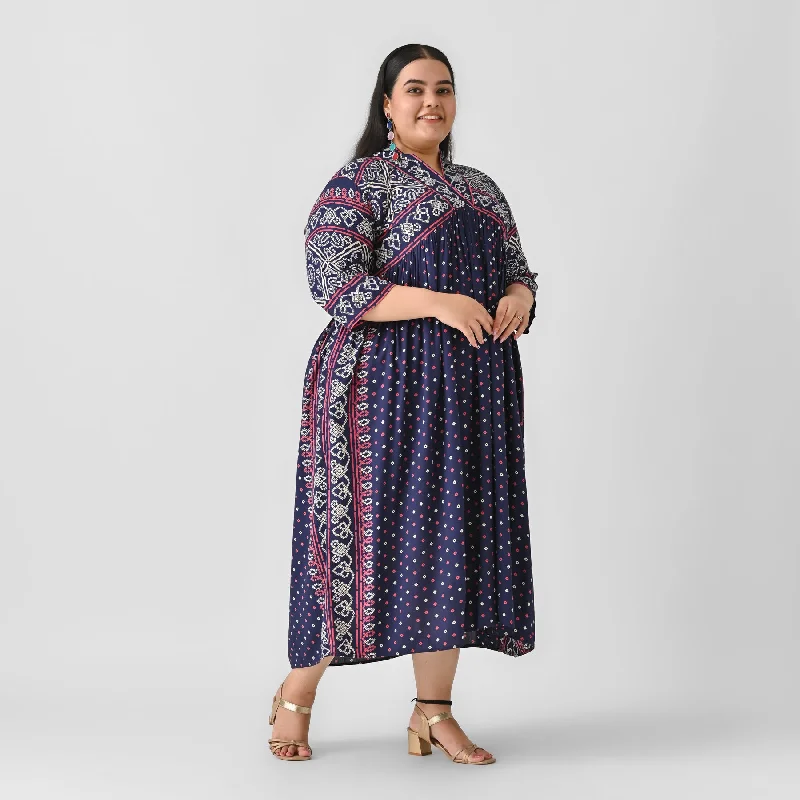 Indigo Bandhani V Neck Gathered Dress - SOM