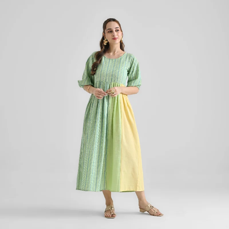 Lime Green Woven Stripe Colour Block Cotton Dress with Gathered Sleeve