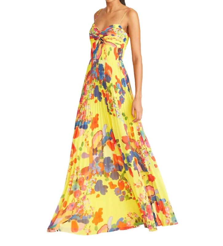 Dawson Pleated Gown In Yellow Brushstroke Floral