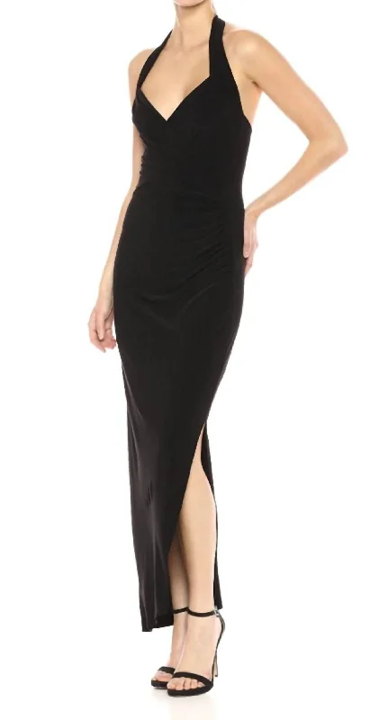 Halter Sweetheart Side Drape Gown In Black