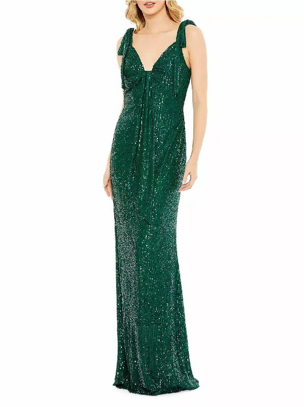 Ieena- Sequined Low Back Bow Shoulder Gown In Emerald