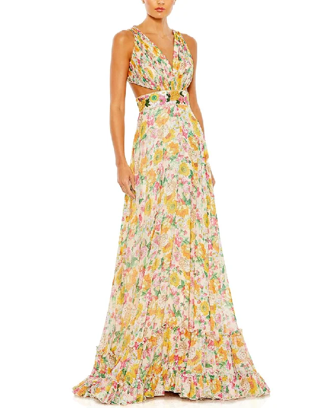 Mac Duggal Floral Print Cut Out Lace Up Tiered Gown