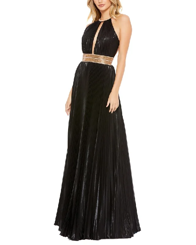 Mac Duggal Metallic Halter Key Hole Pleated Gown