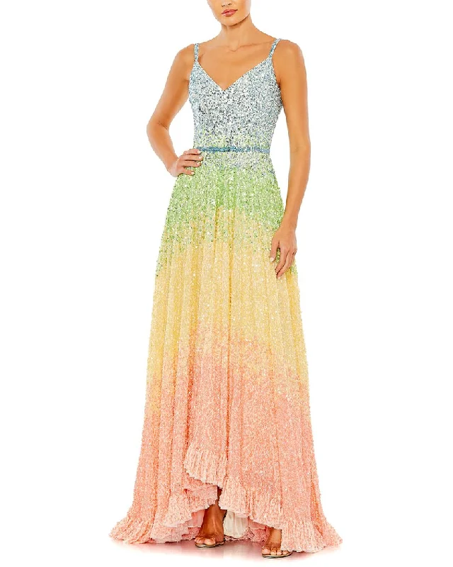 Mac Duggal Sequined Rainbow Sleeveless High Low Gown