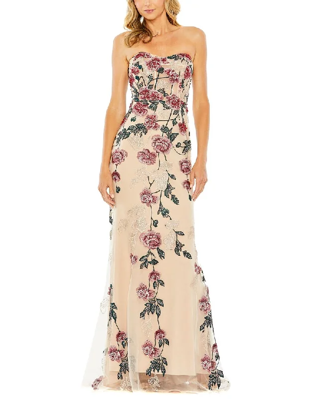 Mac Duggal Strapless Floral Embroidered Gown