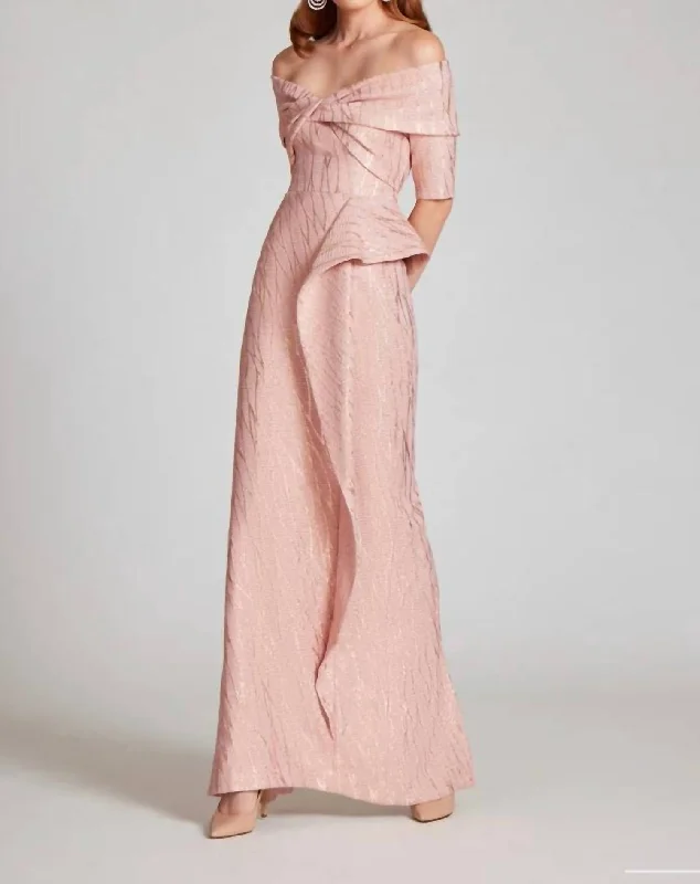 Metallic Jacquard Twist Gown In Rose Gold