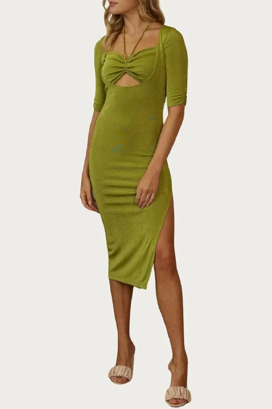 Cutout Halter-Neck Midi Dress In Basil