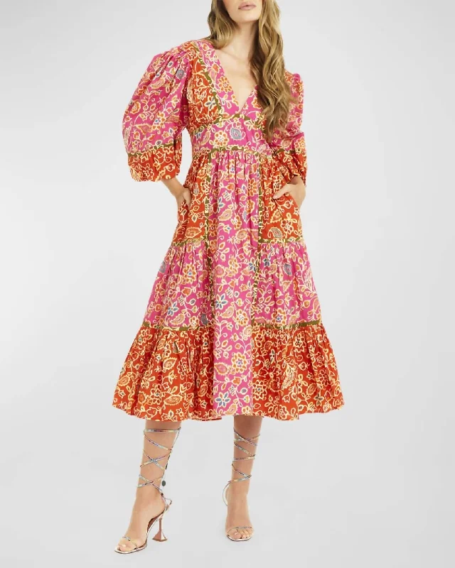 Elise Puff Sleeves Midi Dress In Alessandra Pink Print