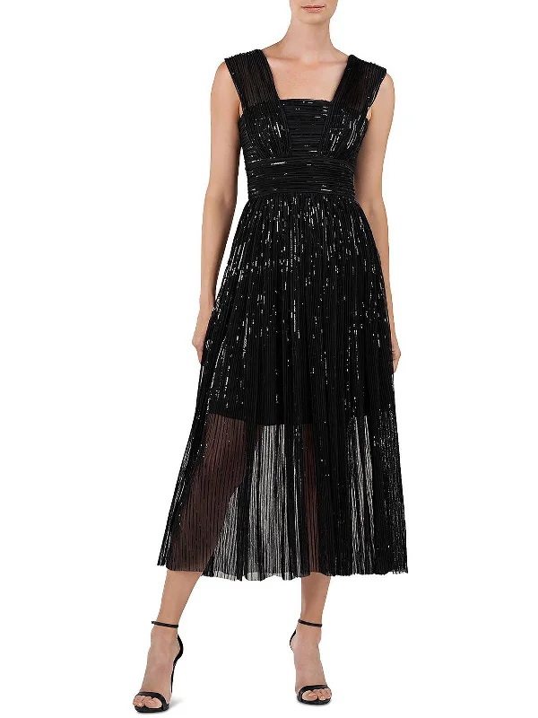 Liana Womens Sequined Pleated Midi Dress