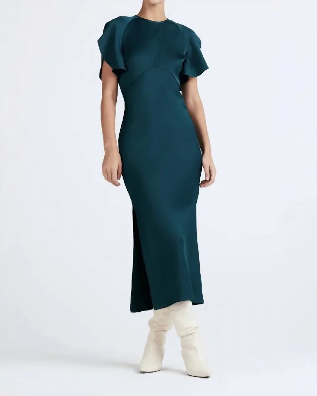 Lyra Petal Sleeve Midi Dress In Emerald