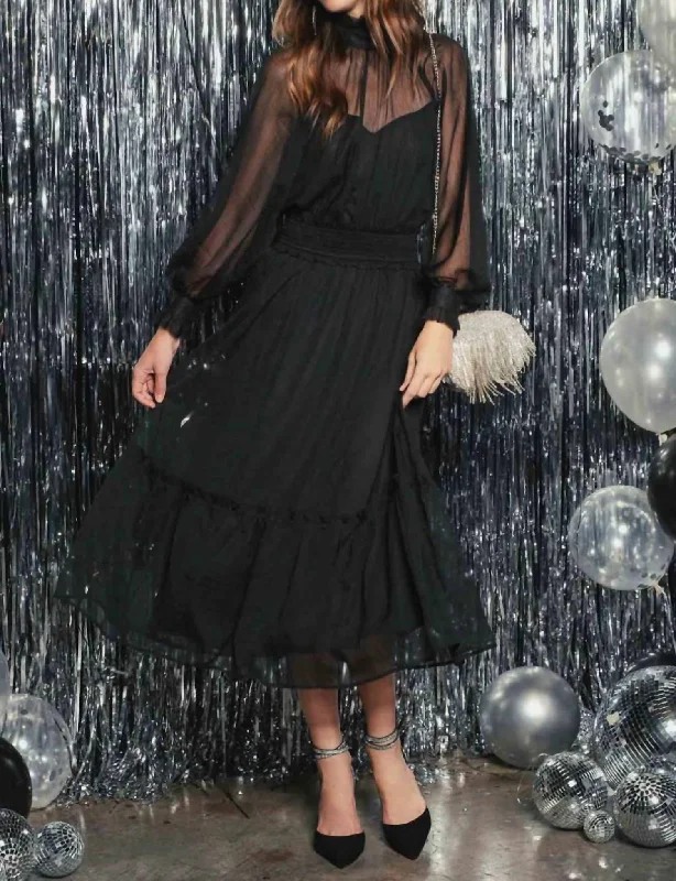 Mock Neck Sheer Midi Dress In Black