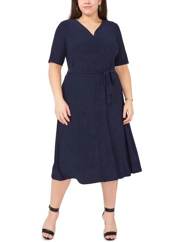 Plus Womens Belted Mid Calf Midi Dress