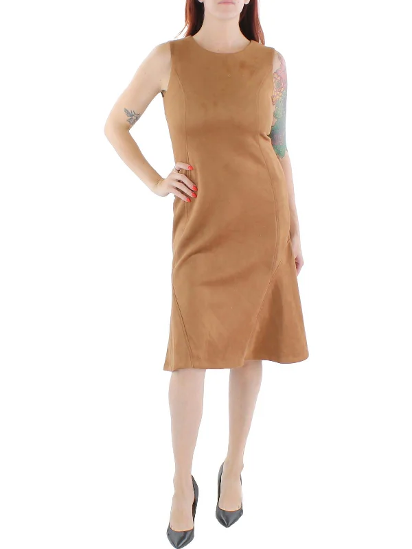 Womens Faux Suede Below Knee Midi Dress