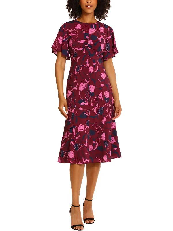 Womens Floral Ruched Midi Dress