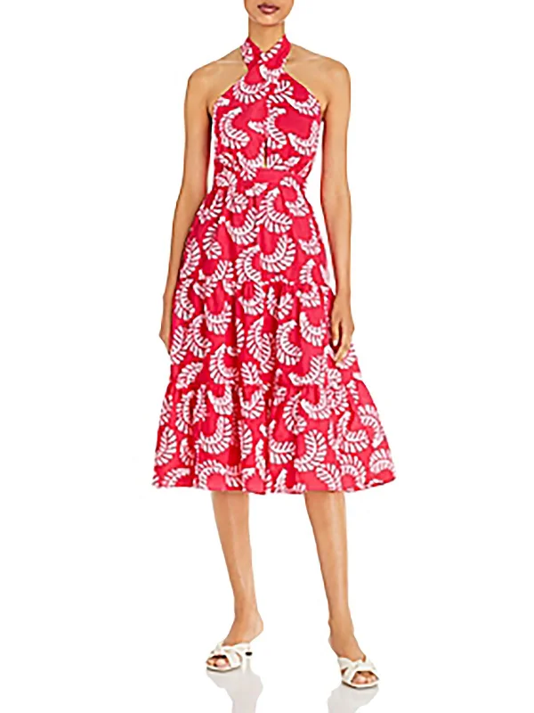 Womens Leaf Print Midi Halter Dress