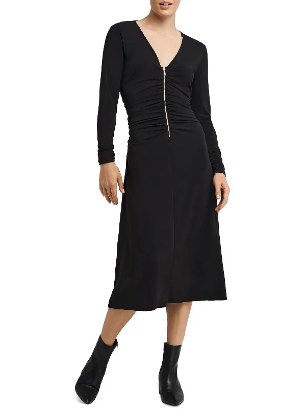 Womens Ruched Zip-Front Midi Dress