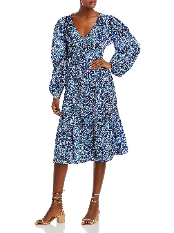 Womens Smocked Printed Midi Dress