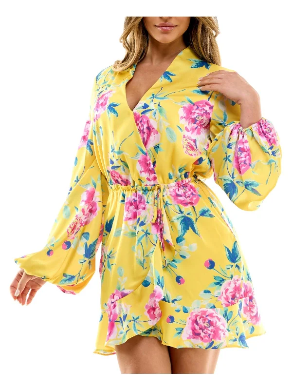 Juniors Womens Mini Floral Print Wrap Dress