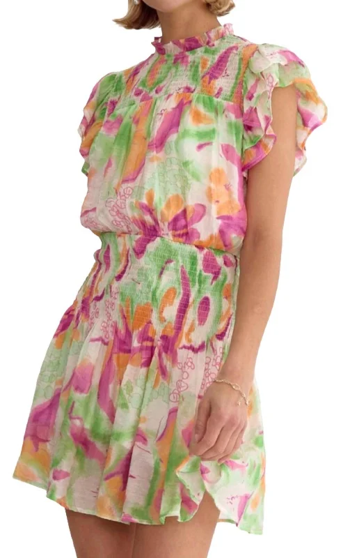 Mock Neck Smocked Floral Mini Dress In Multi Color