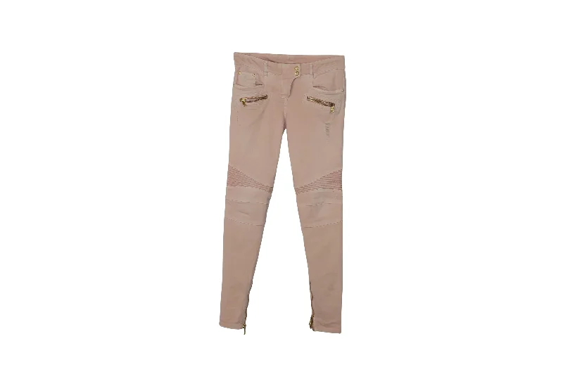 Balmain Skinny Biker Jeans in Pink Cotton