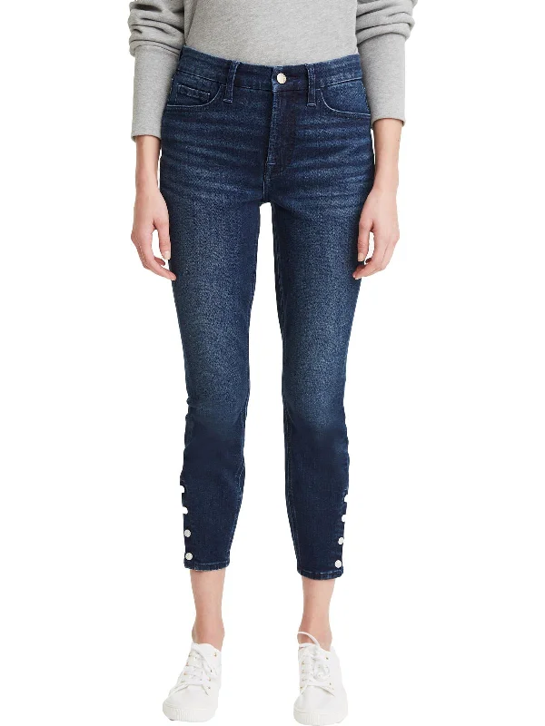 Womens High Rise Button Hem Skinny Jeans