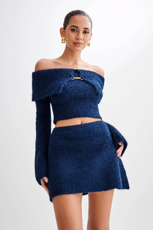 Baxter Off Shoulder Fluffy Knit Top - Navy