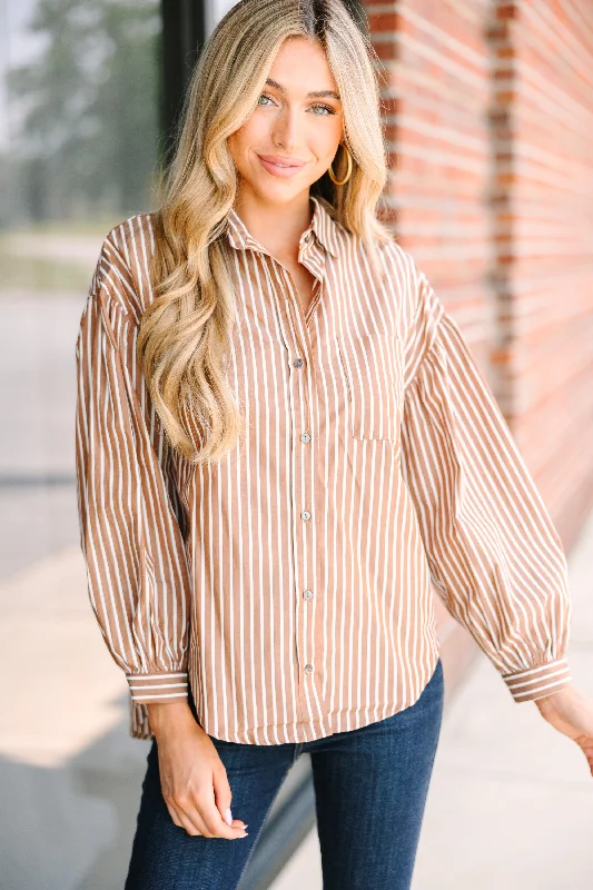 Olivaceous: Everything You Need Brown Striped Button Down Top