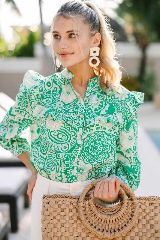 Keep It Up Green Floral Ruffled L/S Blouse