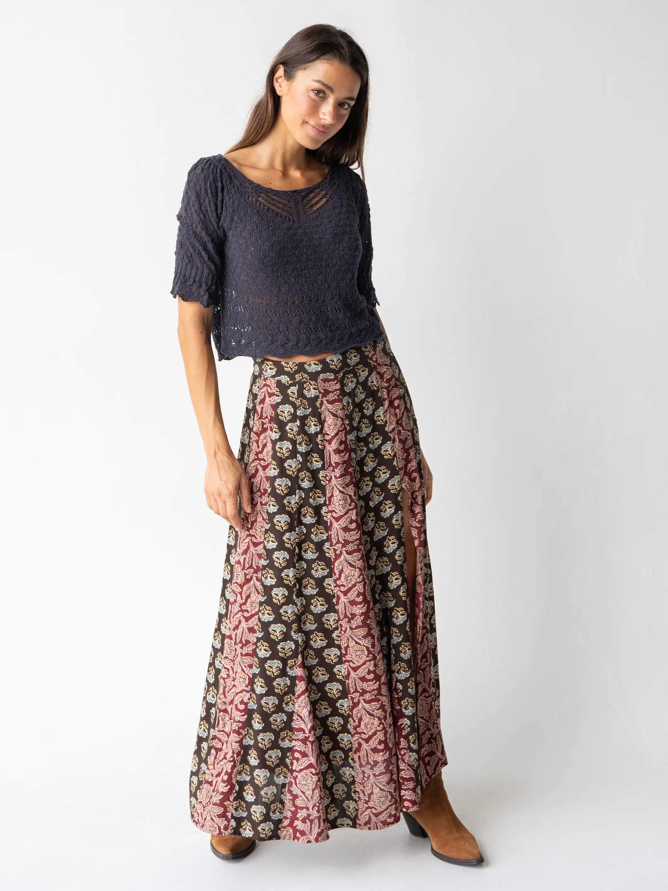 Mix It Up Maxi Skirt - Brown Olive Mixed Floral