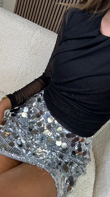 Shaina Silver Sequin Disc Mini Skirt