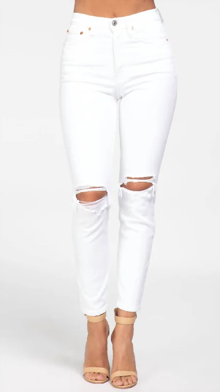 90S High Rise Ankle Crop In White Destroyed