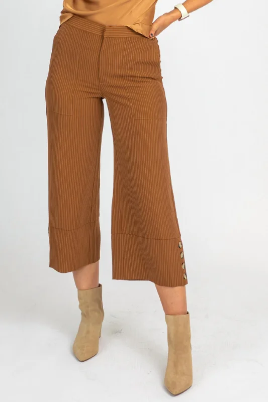 Camel Pinstripe Wide Leg Trousers In Brown