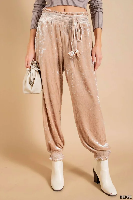 Crinkle Velvet Jogger - Beige