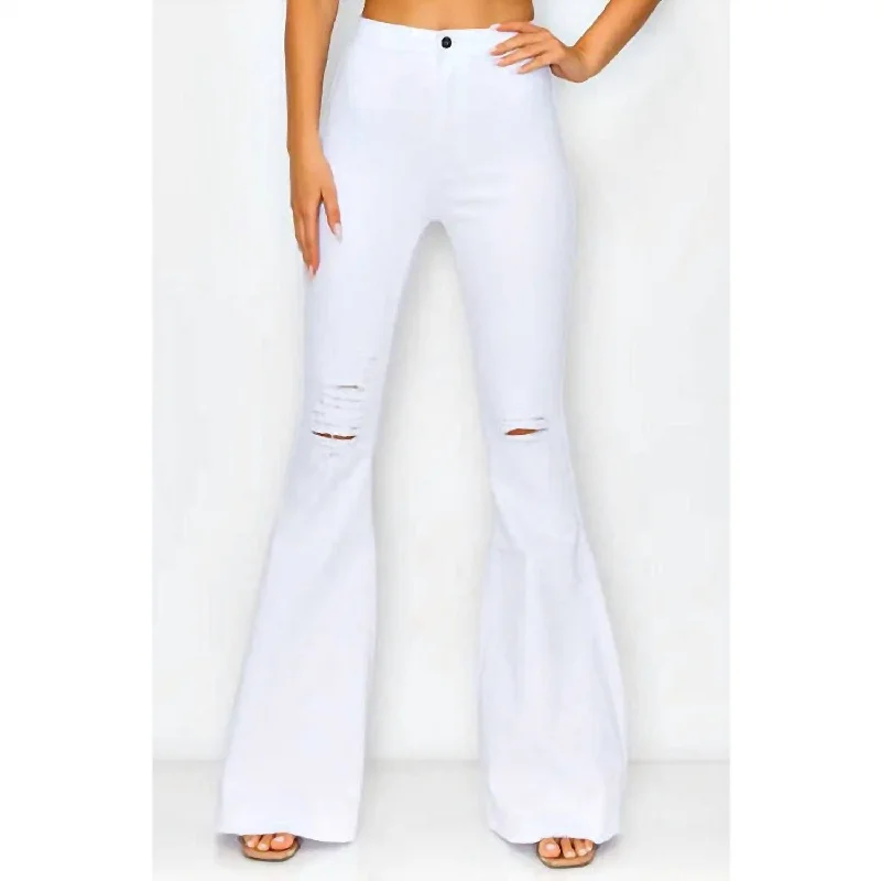 Distressed High Waist Bell Pants In White