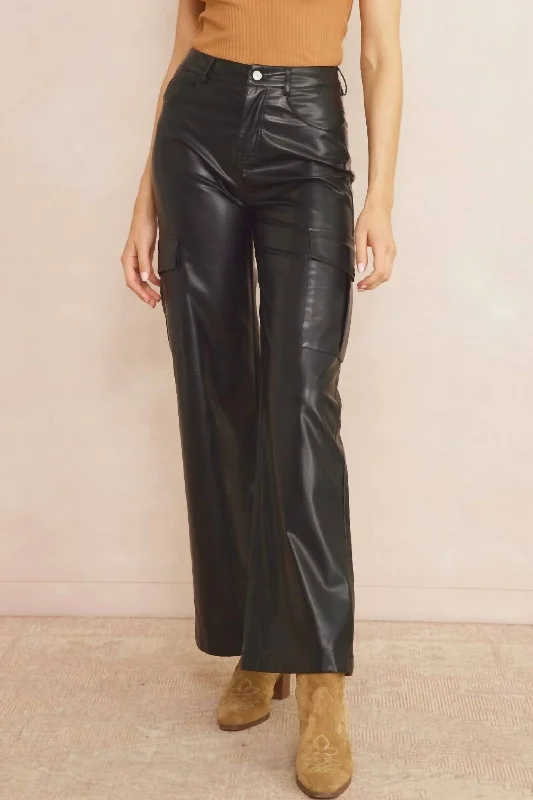 Faux Leather Cargo Pant In Black