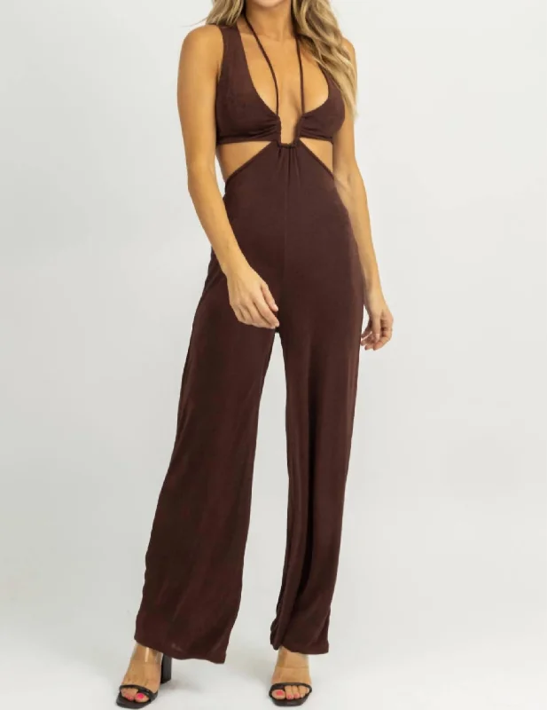 Halter Tie Sleeveless Jumpsuit In Chocolate