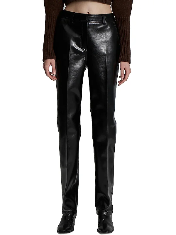 Womens Faux Leather High Rise Straight Leg Pants