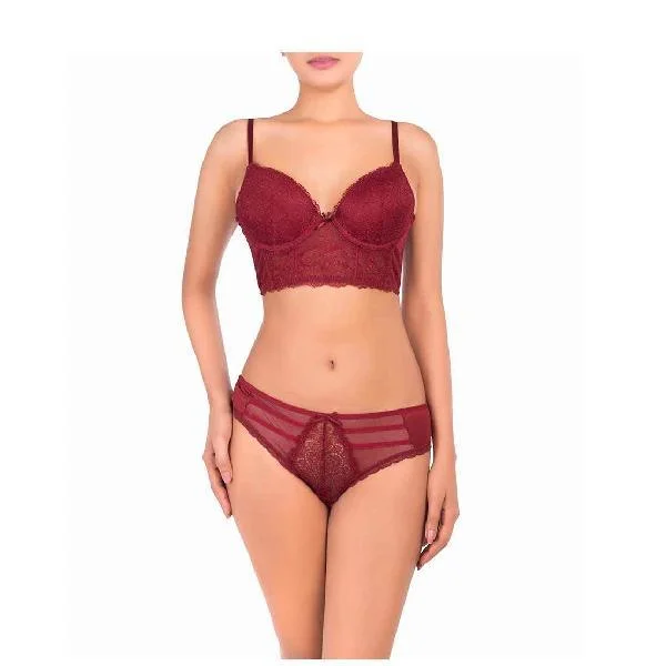 Lace Mesh Longline Push Up Bra Panty Set