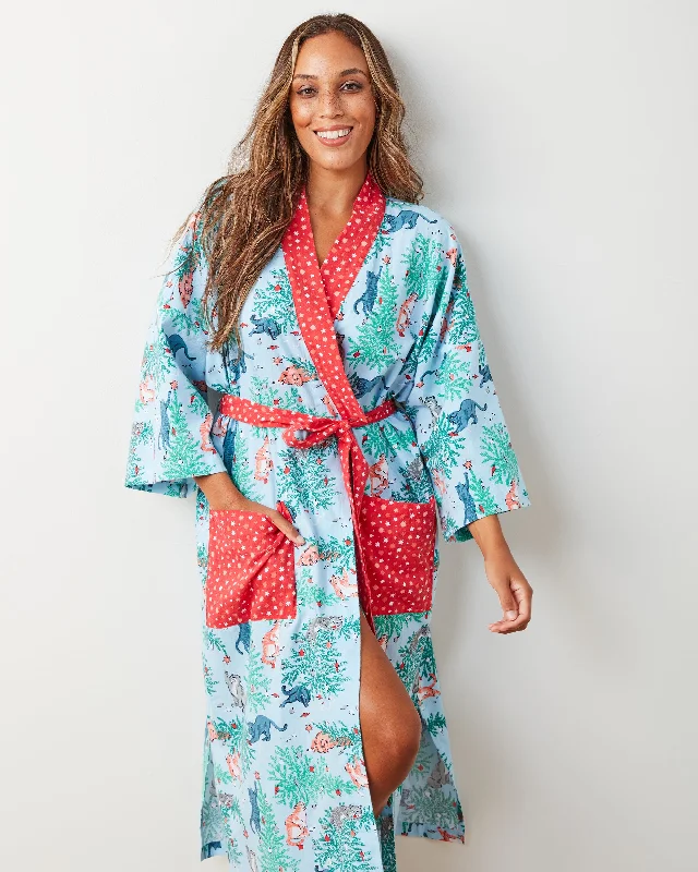 Frisky Firs - Lightweight Flannel Robe - Twinkling Blue