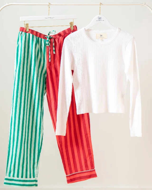 Holiday Stripes - Pointelle Long Sleeve & PJ Pants Set - Spearmint & Peppermint